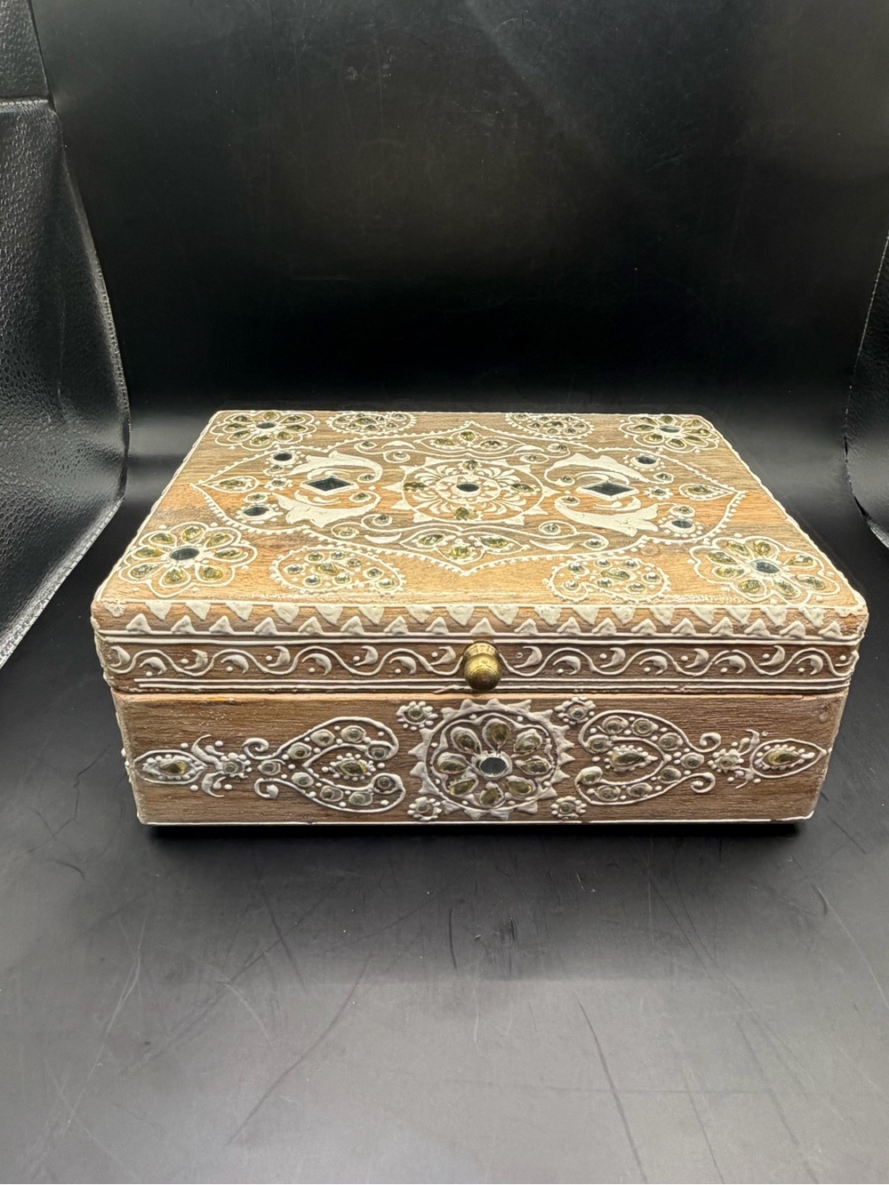 Hand Carved Wood Jewelry Keepsake Box Made in India Floral Decor